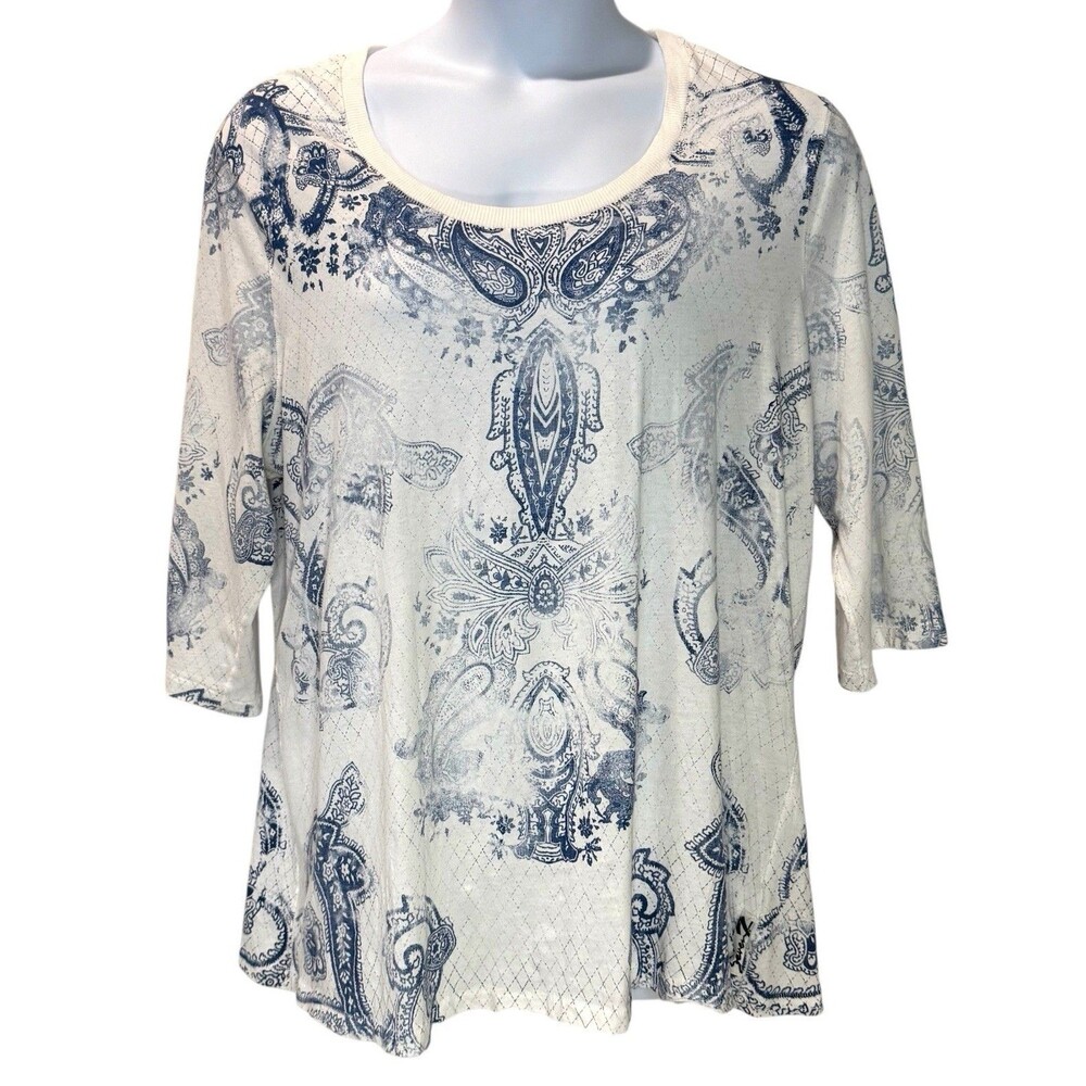 Seven 7 Luxe Women’s Plus Size 22/24 White Blue Top Paisley Print Shirt Blouse